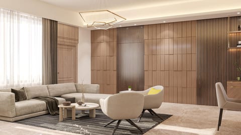 Warm contemporary living room — Vencore Design Co.